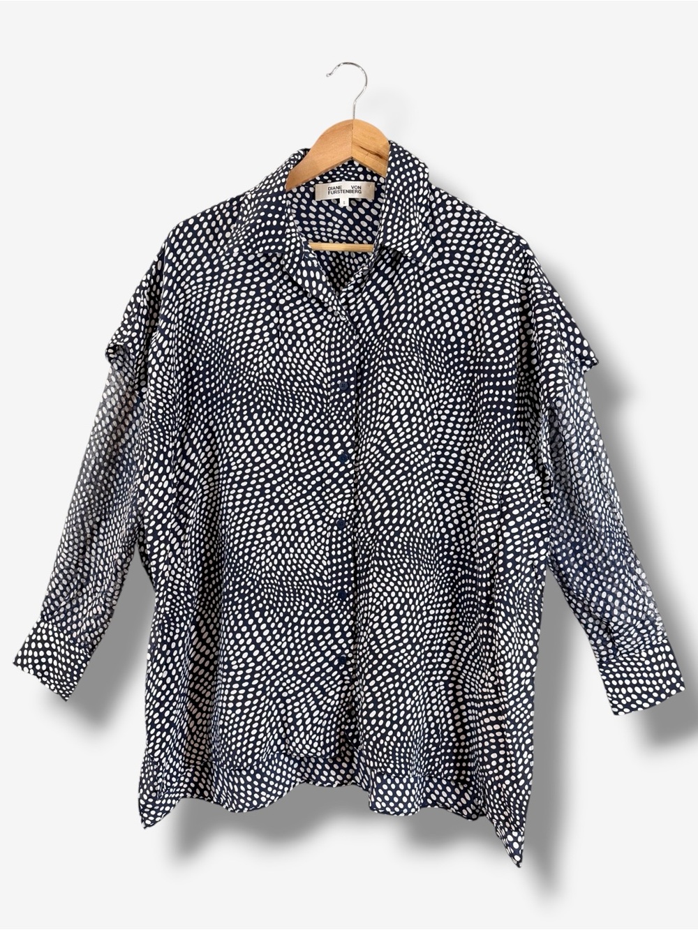 Diane von Furstenberg Silk Button Front Blouse Size S Navy White Polka Dot Sheer